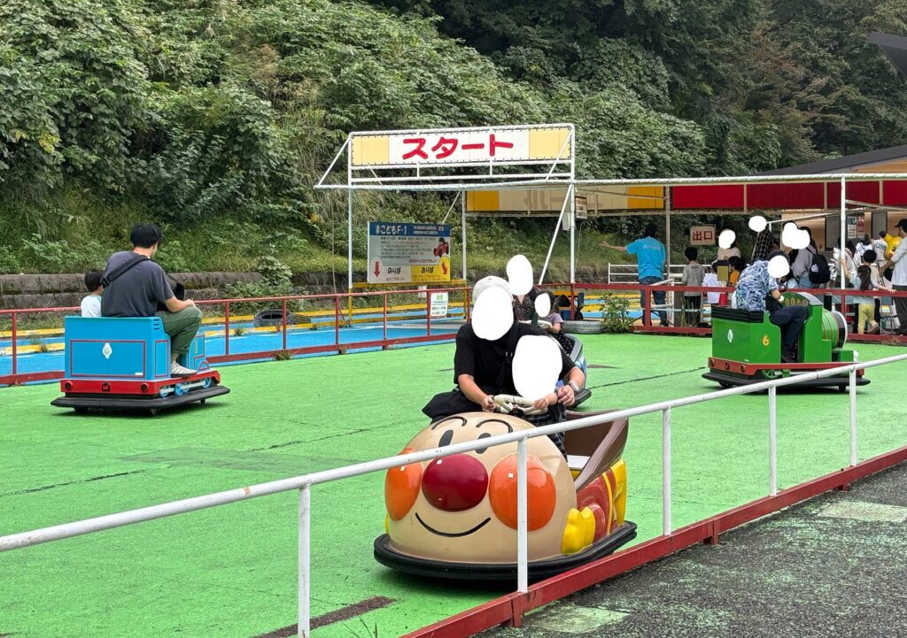 こどもの国のゴーカート小さい子どもと一緒に乗ることができる。混んでいるので、早めがおすすめ
