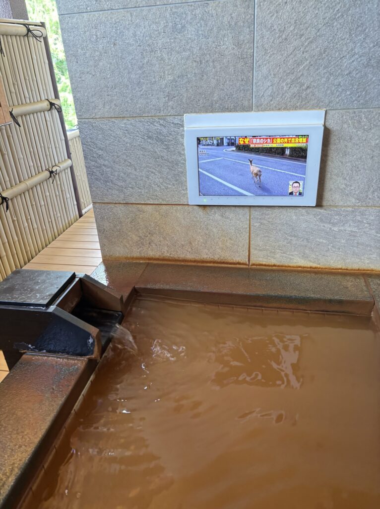 花結びの客室にある露天風呂。テレビが見れる。お湯は金湯